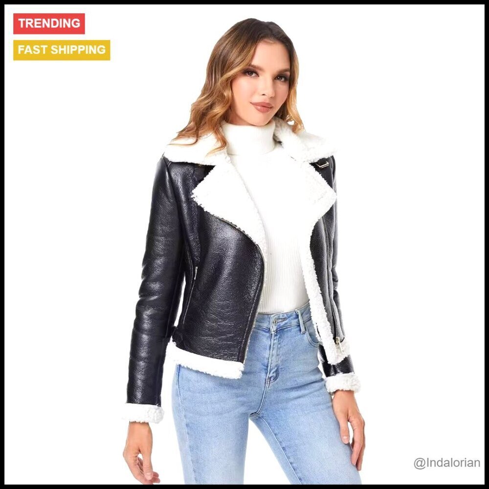 Faux Leather Fur Lined Winter Coat Moto Jacket Warm Thick